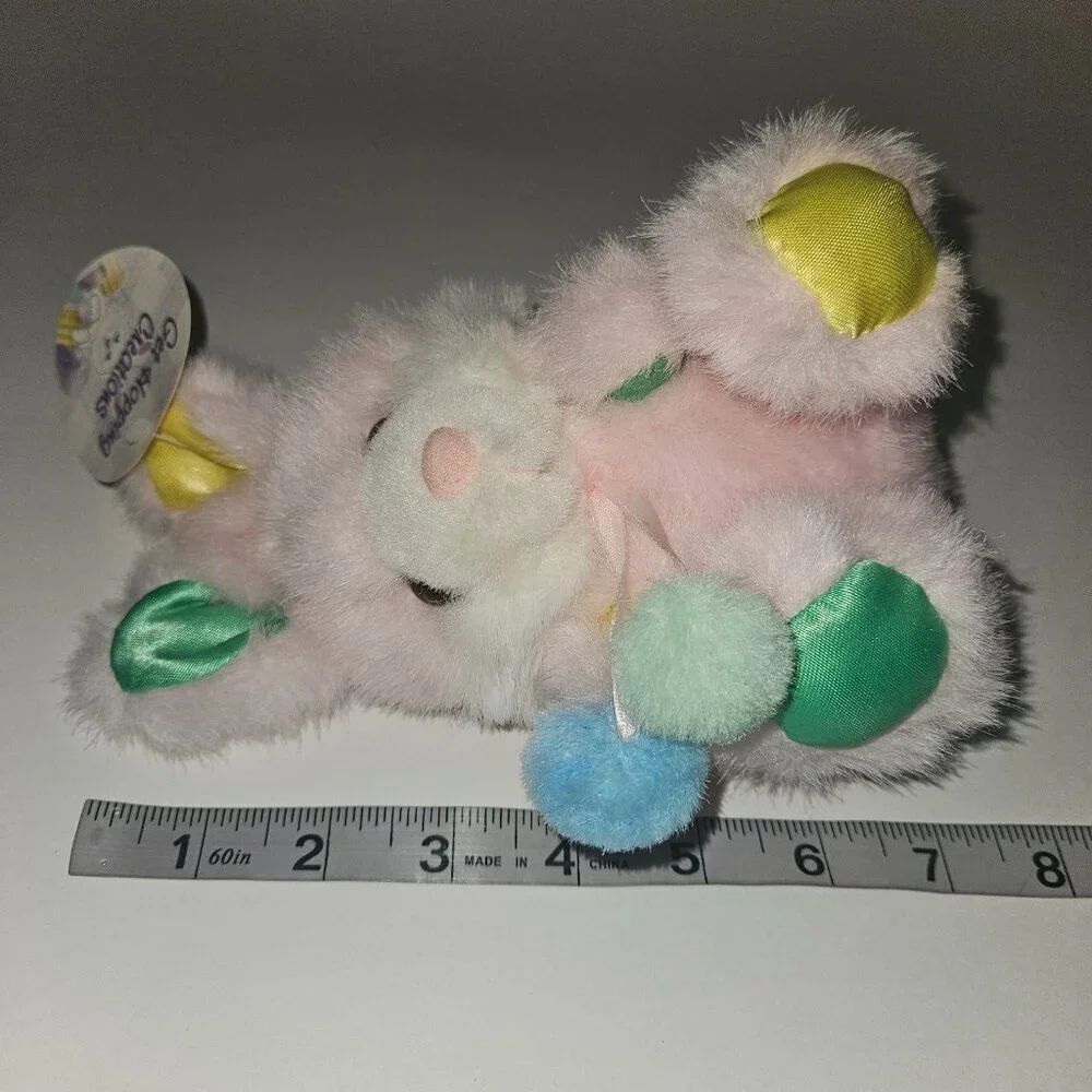 Pink Bunny Rabbit Plush Yellow Green Satin Pom Stuffed Animal Toy Easter w/TAG